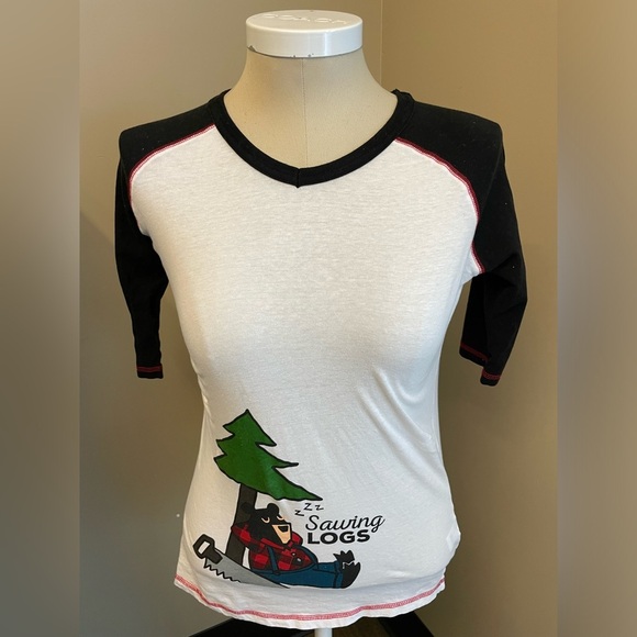 Lazy One Sawing Logs elbow sleeve casual 100% Cotton tshirt tee womens size XS - Picture 1 of 8